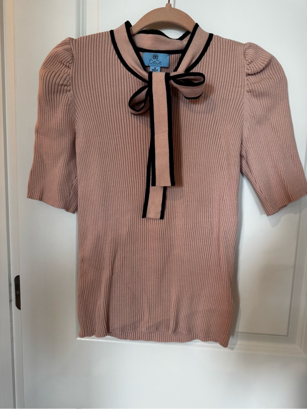 CeCe Blush Pink Ribbed Tie-Neck Short Sleeve Top with Black Trim